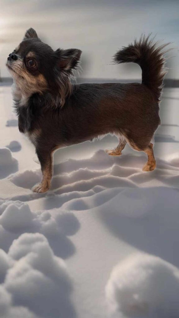 Chihuahua im Schnee bei Sonnenuntergang